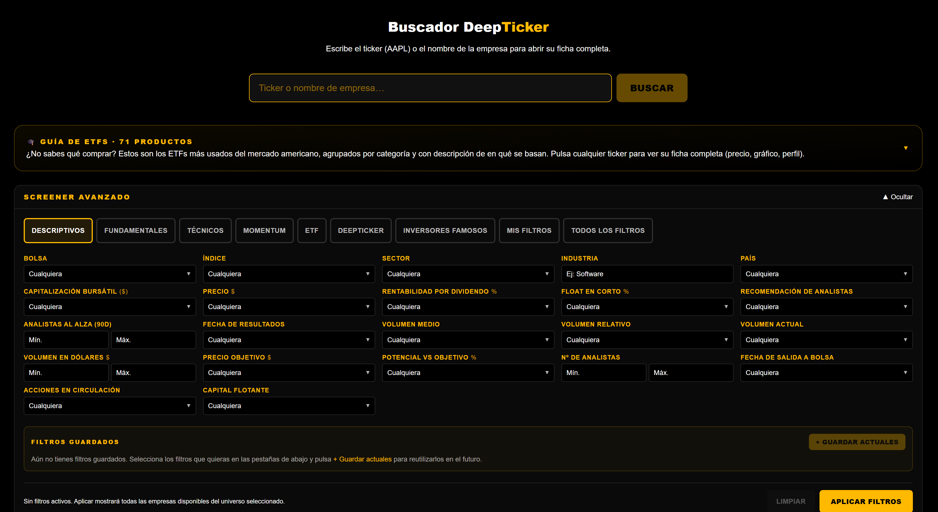 Screener de DeepTicker con más de 140 filtros y 15 estrategias