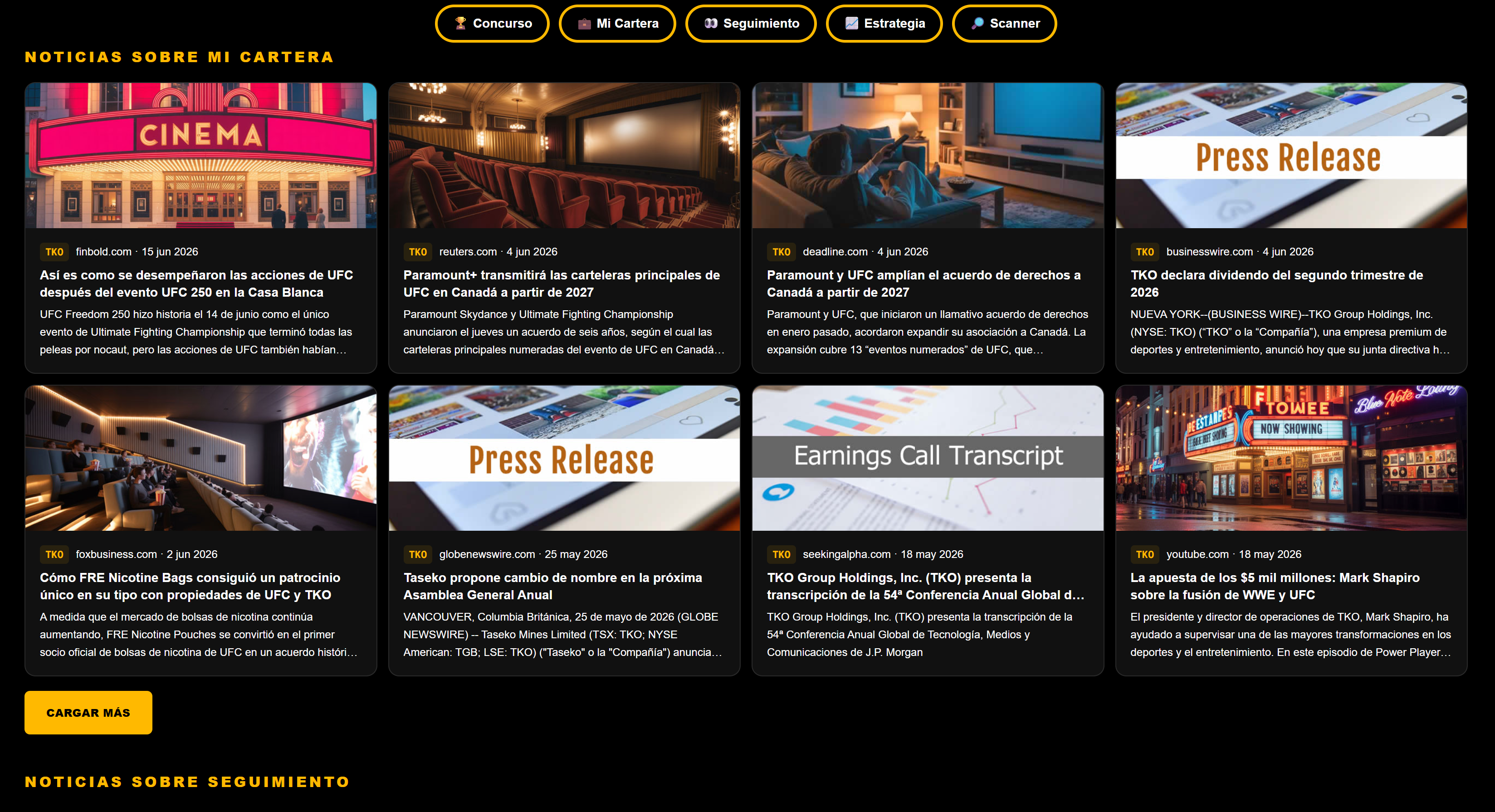 News search by ticker on DeepTicker, with results grouped by company